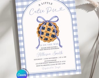 Editable Bow Coquette A little Cutie Pie is on the way Blueberry Baby Shower Blue Gingham Invitation, Blue Cute Little Sweet Pie invite, B6