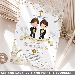 EDITABLE Twin boy sibling Primera comunión Invitation, Elegant Holy Spirit Chistening White Flowers Invite, Gold 1st Boy Communion S219