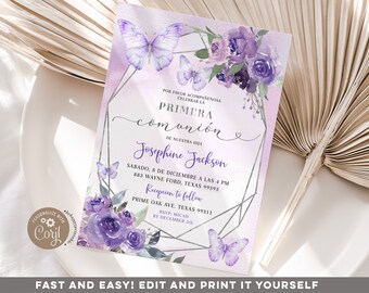 Editable purple primera comunion invitacion, geometric butterfly first holy communion, lavender roses spanish primera comunion invite B11