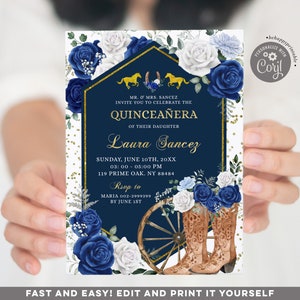 Editable navy blue western quinceañera invitation, gold blue horse mis quince invite, cowgirl boots xv años, white blue rose floral 15th Q4