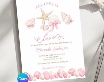 Editable Pink Summer Blue Ocean All Sea is Love Beach Bridal Shower Invitation, Nautical Bridal Brunch Party Sea Animals Invite, Z100
