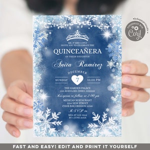 Dusty Blue & White Winter Quinceanera Invite11, spanish girl christmas arctic sweet 15th birthday, white blue snowflake string light S411