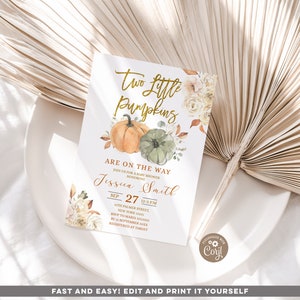Two little pumpkins baby shower invitation, Editable twins pumpkin baby shower invitation, boho pumpkin burnt orange & Green invite, S58