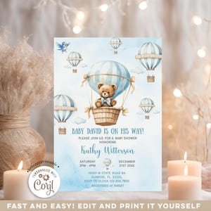 Invito modificabile per baby shower con mongolfiera blu, invito per baby shower con palloncino a forma di orsetto, invito per baby shower blu da viaggio per bambino BR4