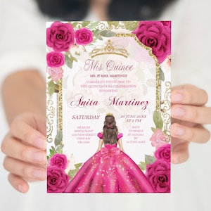 Invitación editable de Mis Quince en color rosa fucsia, invitación de quinceañera mexicana con flores rosas y vestido, 15.° cumpleaños español con rosas rosa fucsia S369
