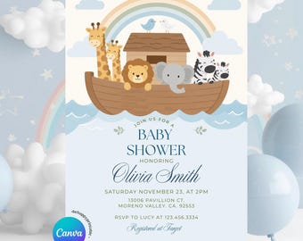 EDITABLE Blue Noah's Ark Boy Baby Shower Floral Invitation, Safari Animals Gender Neutral Shower, Noah Adventure Rainbow Bible Theme, S614