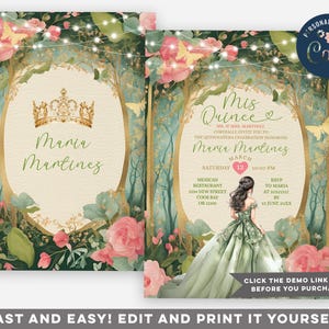 May include: A Quincea&ntilde;era invitation with a green and gold design. The invitation features a crown, a floral border, and a young woman in a green gown. The text on the invitation reads "Mis Quince" and "Maria Martinez".