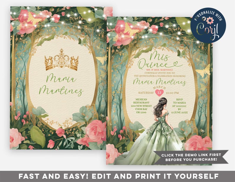 May include: A Quincea&ntilde;era invitation with a green and gold design. The invitation features a crown, a floral border, and a young woman in a green gown. The text on the invitation reads "Mis Quince" and "Maria Martinez".