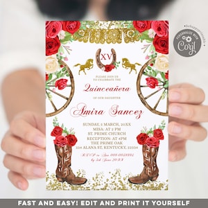 Editable Floral fiesta Red Rose Mexican Charra Quinceañera Invitation, western boots spanish girl's sweet 15th, gold horse & horse pad S391