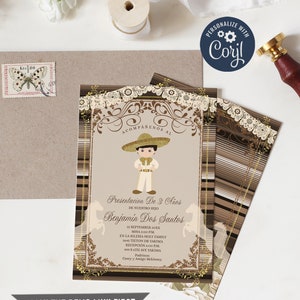 Brown Presentación de tres años invitación niño, Charro 3rd Birhtday em espanhol, tema mexicano, versão em espanhol convite, Sagrada Comunhão, S228