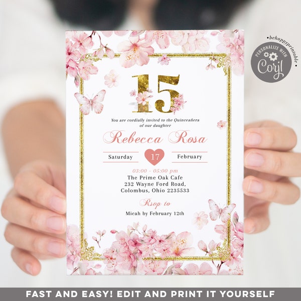 editable pink cherry blossom princess quinceañera invitation, elegant gold pink 15 años, japanese sakura butterfly mis quince invite Q43