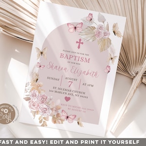 Editable Elegant Boho Blush Butterfly Baptism Invitation, Minimalist bohemian baptism invite, blush pink butterfly and floral baptim Z149