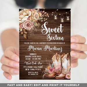 May include: A rustic wood background with a floral design and a pair of pink and brown cowboy boots. The text "Sweet Sixteen" is written in white with a birthday party invitation for Maria Martinez. The invitation includes the date, time, and location of the party.