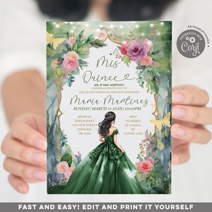 May include: A floral quinceañera invitation featuring a watercolor illustration of a woman in a green gown. The invitation includes the text "Mis Quince" and event details, surrounded by pink roses and greenery.