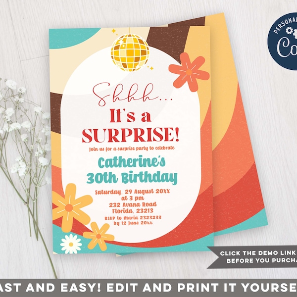 EDITABLE Retro Hippie Surprise Party Invitation, 30TH birthday invitation, Shhh... It's A Surprise, Groovy 60's & 70's Funky Theme Z56