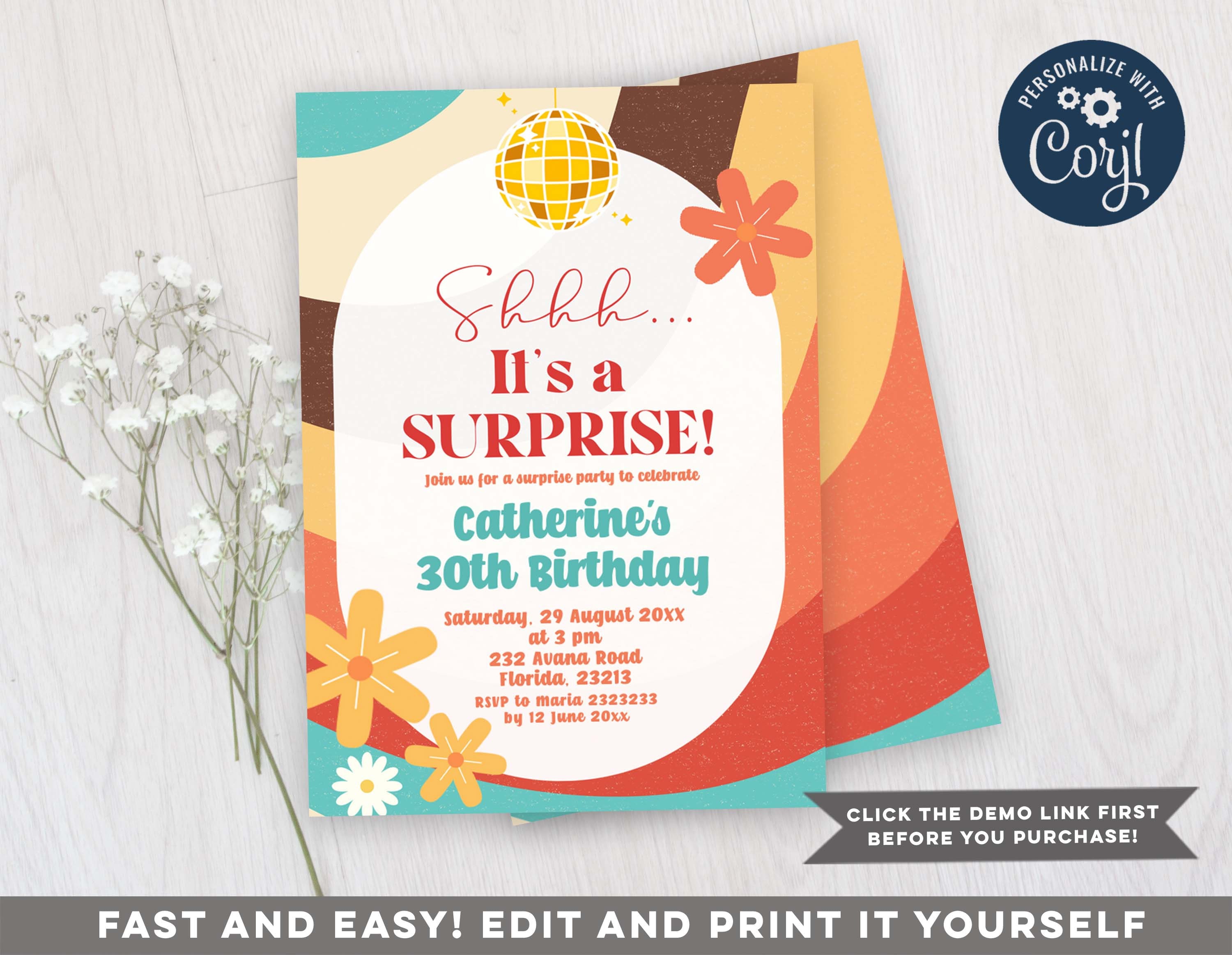EDITABLE Retro Hippie Surprise Party Invitation 30TH birthday invitation Shhh Its A Surprise Groovy 60s 70s Funky Theme Z56