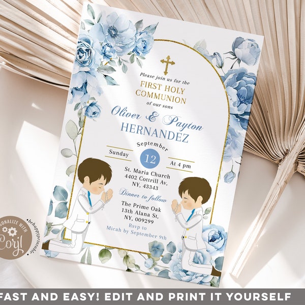 Editable twins boy kneeling first communion invitation, boho dusty blue flowers twins christening, dusty blue gold 1st communion invite Z177