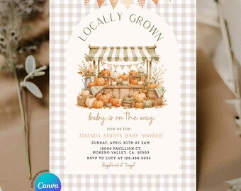 Editable Fall Locally Grown Pumpkin Market Baby Shower Autumn Gingham Invitation, Fall Farmers Market Baby Shower invite, Home Grown, GC2