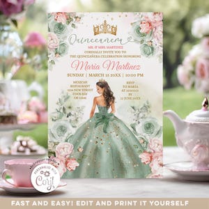 Editable Sage Green and Pink Mexican Princess Quinceañera Floral Invite, Elegant Girl 15 Años Mis Quince butterfly 16th birthday Invite S488