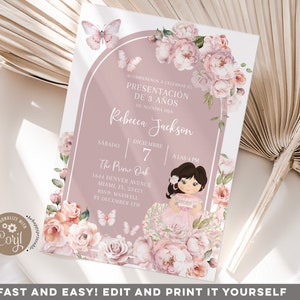 Convite editável boho rosa apresentação de 3 anos, festa de terceiro aniversário de menina espanhola, borboleta floral mexicana rosa convite de 3 anos Q31