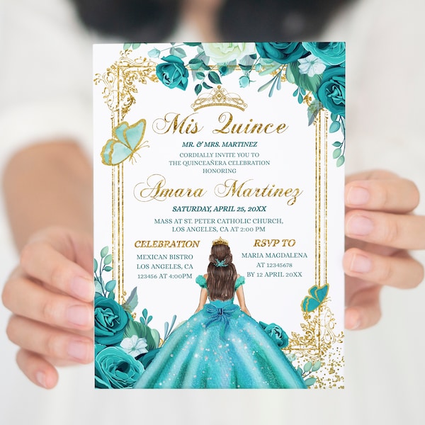 Editable Aqual Teal Turquoise Quiñceanera 16th Birthday Invitation, Blue & Green Flowers Mexican Mis Quice 15 Anos Birthday Butterfly, S385