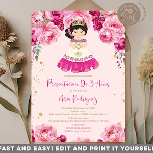 Editable Pink Fuschia Presentación de tres años invitación niña, Pink Flowers Cute Girl 3rd Birthday Mexican Gold Crown Glitter invite, S519