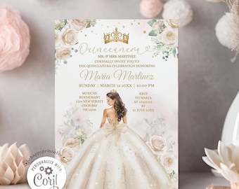 Editable Mis Quince Ivory Creme 15 Anos floral Invitation, Butterfly Mexican princess quinceañera, girl sweet 16th birthday invite S488