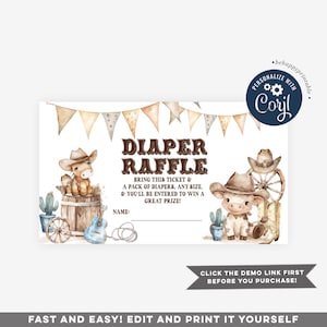 Bewerkbare aquarel schattige cowboy babyshower luier loterij kaart, Wild West Western jongen babyshower, een kleine cowboy is onderweg, rodeo! BR6