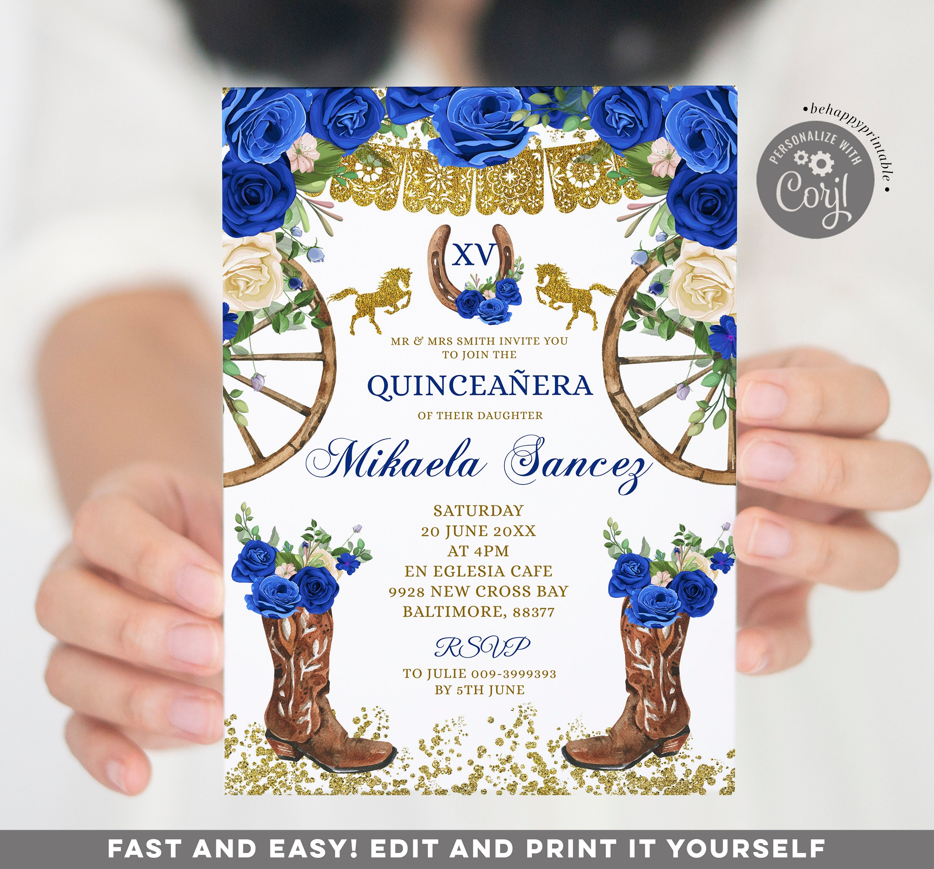 人気が高い  & Blue Royal Western Editable Gold Invitation Quinceañera 小物