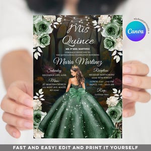 Editable Sage Green Dress Mexican Princess Quinceañera Floral Invite, Girl 15 Años Mis Quince butterfly 16th birthday Gold Crown Invite S488