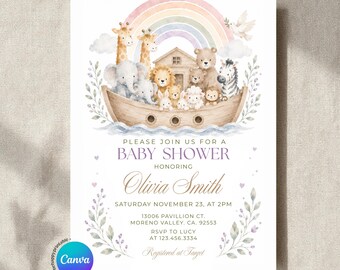 EDITABLE Pastel Noah's Ark Boy Baby Shower Invitation, Safari Animals Gender Neutral Baby Shower, Noah Adventure Rainbow Bible Theme, S614