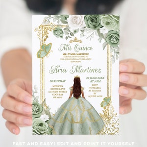 Editable Sage Green & Gold Mexican Princess 15 Anos Mis Quince Invitation, Girl Quinceañera butterfly 16th birthday Crown invite, S385