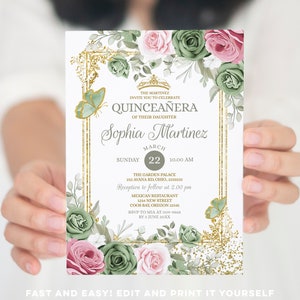 Editable Quinceañera Gold Sage Green and Pink Mexican Princess Invite, Elegant Girl 15 Anos Mis Quince, butterfly 16th birthday Invite, S466