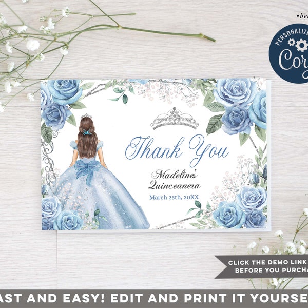 Dusty Blue Princess Quinceanera Thank you Card, 15th Girl birthday Dusty Blue flowers, Gold Crown Frame, Mis Quince 15 Anos activity, S396