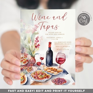 May include: Invitation to a Wine and Tapas party with a watercolor illustration of a bottle of wine, glasses of wine, and tapas on a table. The invitation includes the date, time, and location of the party. RSVP by October 5th.