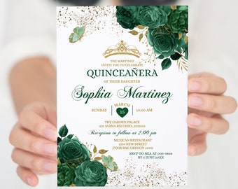 Editable Emerald Green Quinceañera invitations, Mexican Green Floral Birthday Girl Template, Gold Butterfly sweet 15 Mis quince invite, S460