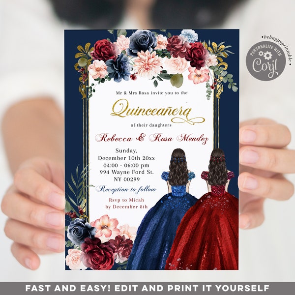 Editable red marsala navy twins quinceañera invitation, twins sisters sweet 16th navy blue red invite, elegant twins dress quince floral Q32