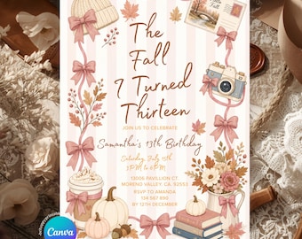 Elegant The Fall I Turned 13 Coquette Fall Girl Birthday Invitation, Pink Bow Pumpkin Birthday Invite, Autumn Teen Birthday Template, S615