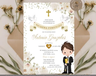 EDITABLE Primera comunión Little Boy Praying First Invitation, White Flowers 1st Holy Communion Invite, Gold Christening Holy Communion S219