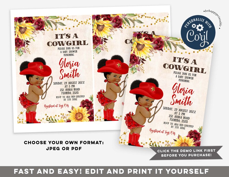 Red African Cowgirl Rose and Sunflower Baby Shower Invitation Etsy