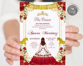 Invitación editable de Charro Rojo Mexicano Charra Mis XV Años, Elegante princesa mexicana dulce 15, caballo dorado y niña española floral 16 S255