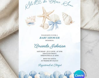 Editable Blue Coastal She'll be here soon Baby Shower Invitation, Nautical Baby Is On The Way Baby Shower Invite, Under de Sea Animals Z100