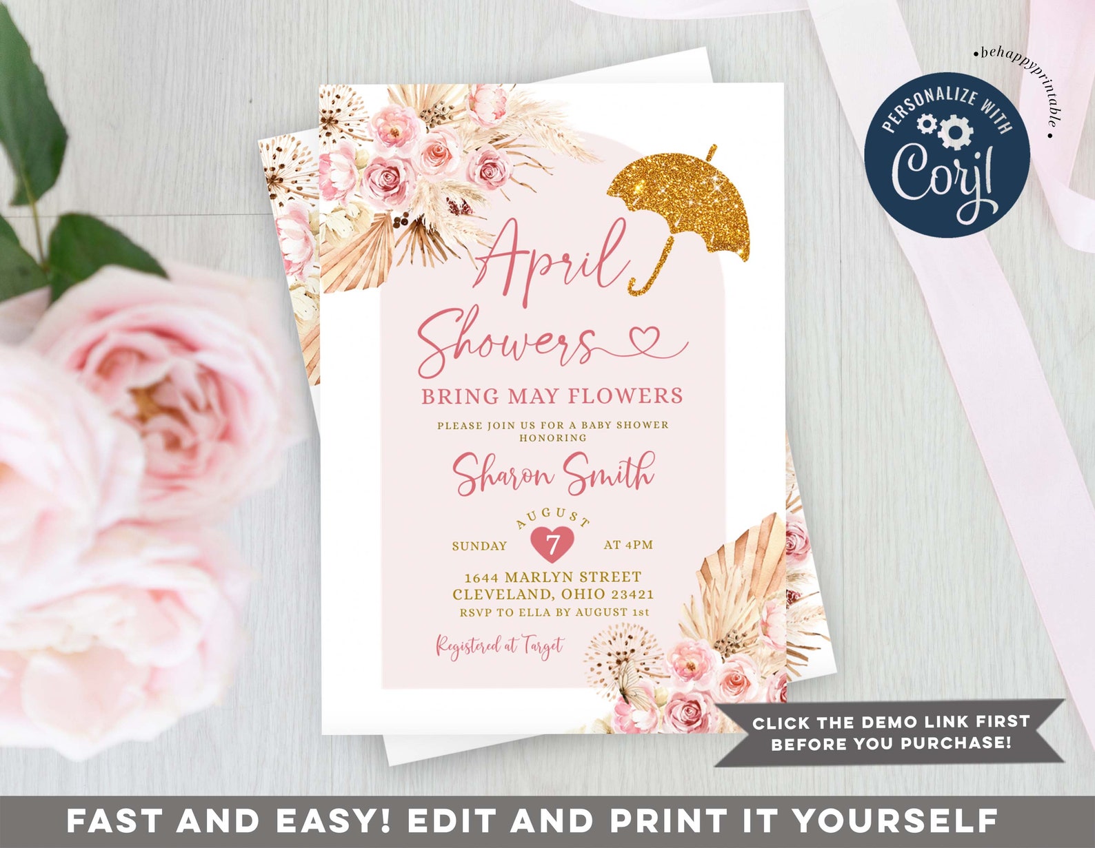 Editable Boho Pink April Showers Baby Shower Invitation, Gold Umbrella ...