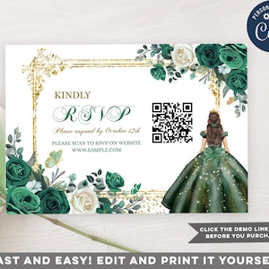Cartão de Confirmação de Presença para Princesas de 15 Anos Verde Esmeralda Editável, Flores para o Aniversário de 15 Anos da Menina, Cartão de Atividades para Meninas de 15 Anos com Coroa Dourada, S385