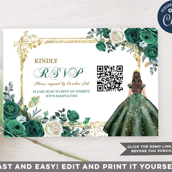 Editable Emerald Green Princess Quinceañera Rsvp Insert Card, 15th Girl birthday Flowers, Gold Crown Mis Quince 15 Anos activity card, S385