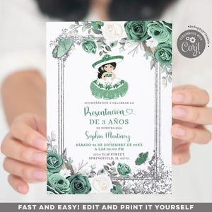 Editable Mexican Girl Silver 3 Anos Dusty Green Invitation, Presentacion de Tres Anos spanish girl, Green flower butterfly 3rd birthday S385