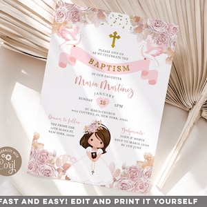 Invito modificabile per battesimo floreale rosa boho per bambina, invito per battesimo Holy Bautizo Gold Cross Fiesta Little Girl Prayering First, S440