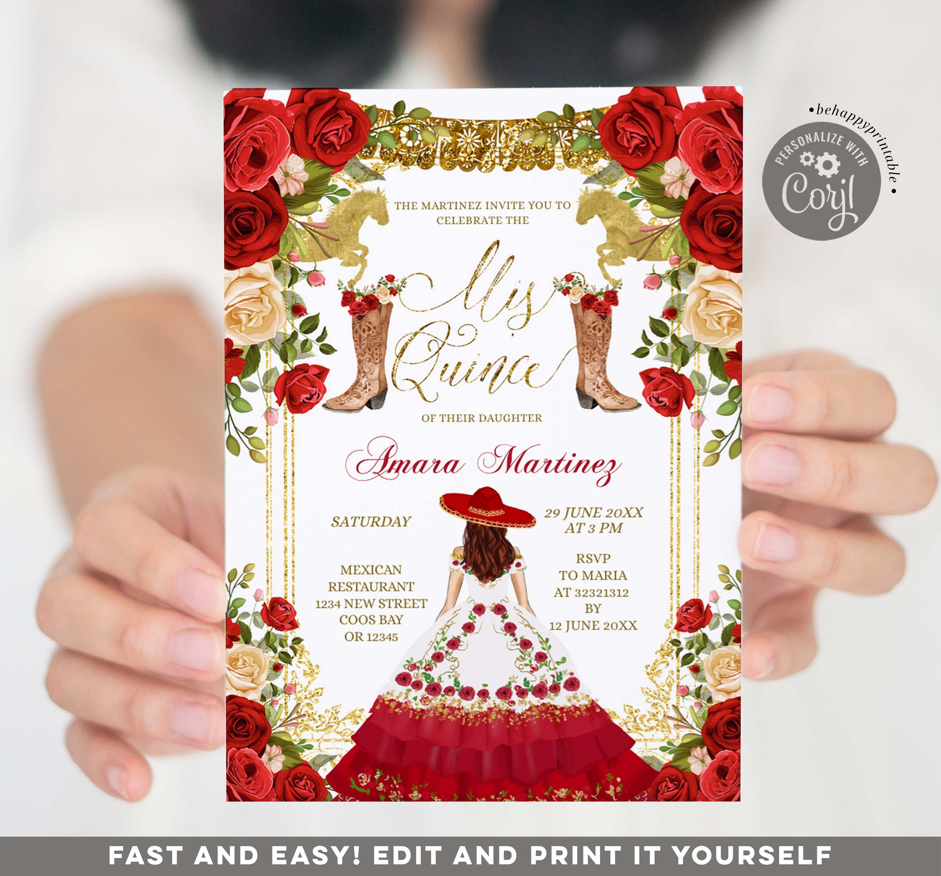 Editable Red Dress & Western Boots Girl Sweet 15th Invitation, Elegant floral red mis quince invite, western boots charra Quinceañera S255