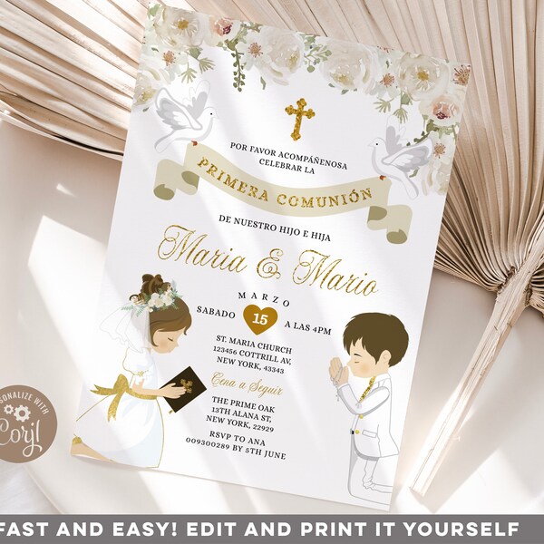 EDITABLE Twin boy and girl sibling Primera comunión Invitation, Elegant Chistening White Flowers Invite, Gold 1st Boy Girl Communion, S219