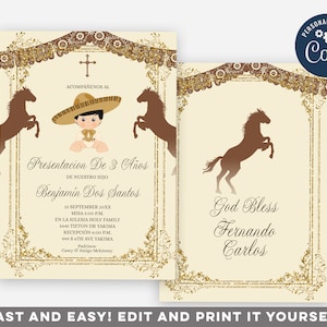 Editável Presentación de tres años invitación niño, Charro 3rd Birhtday em espanhol convite marrom, floral branco mexicano, sagrada comunhão, S227